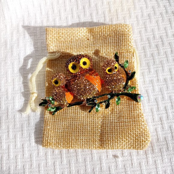 Brown Owls Rhinestone Pin Broach - Picture 3 of 3